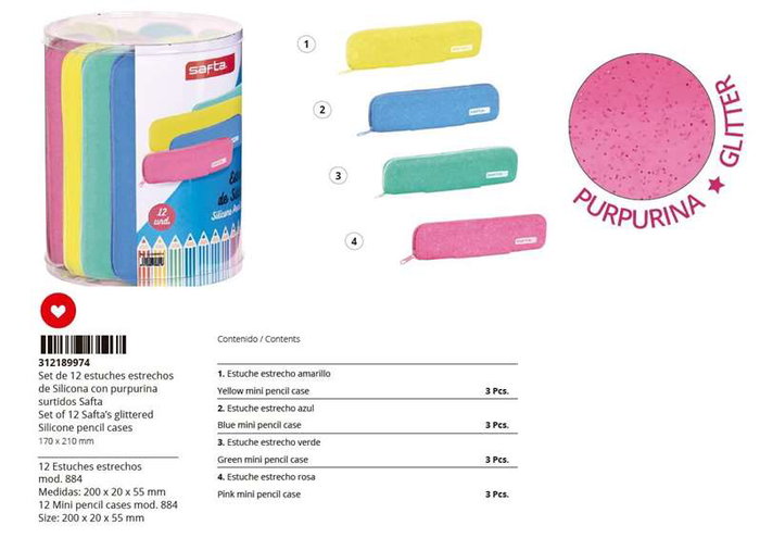 Safta Set 12 Portatodo Estrechos Glitter Silicone Surtido Azul