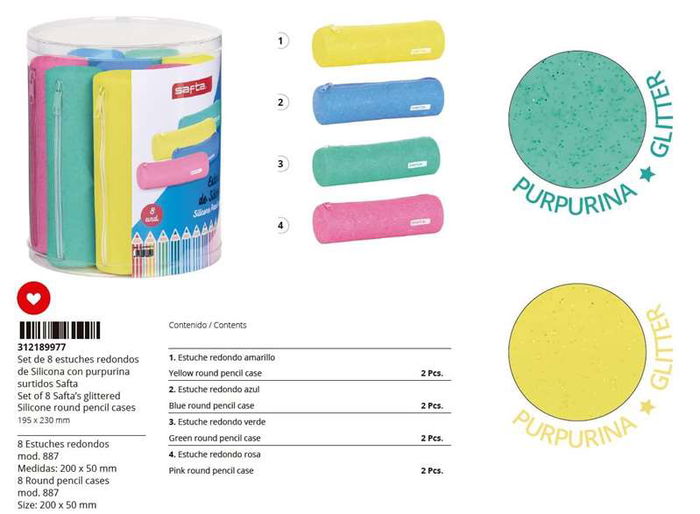 Safta Set 8 Portatodo Redondos Surtidos Glitter Silicone - Modelos Surtidos