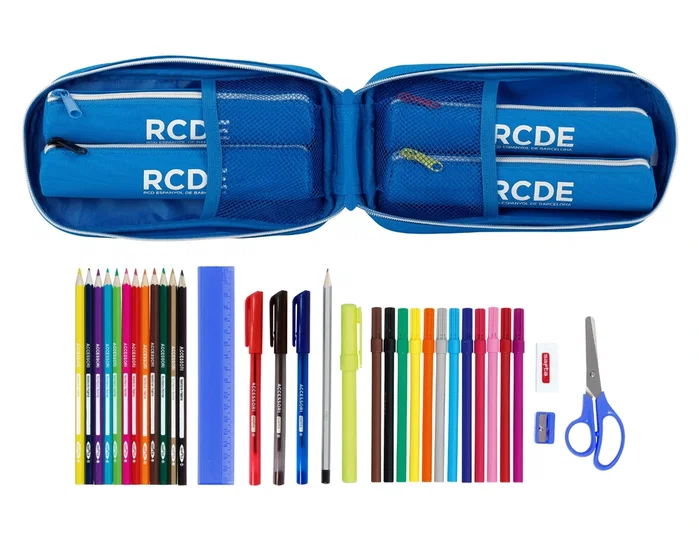 Safta Plumier R.C.D. Español con 4 Portatodos Llenos Blanco y Azul