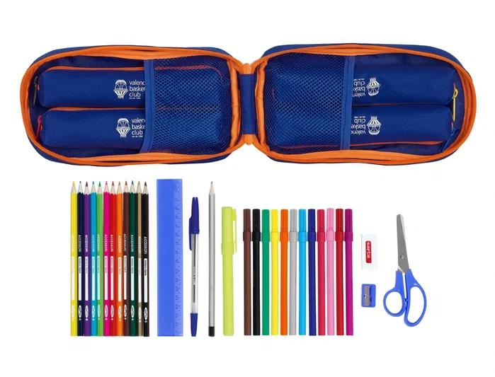 Safta Estuche Escolar Valencia Basket Club con 4 Portatodos Azul y Naranja