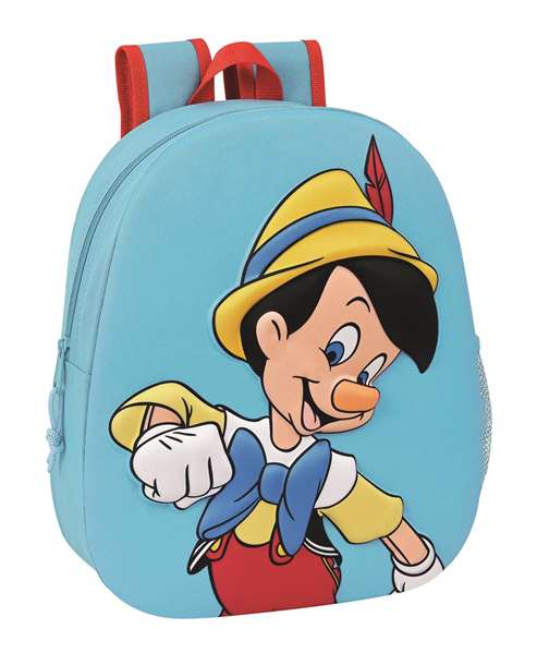 Mochila Escolar 3D Disney Pinocchio Rojo Azul claro