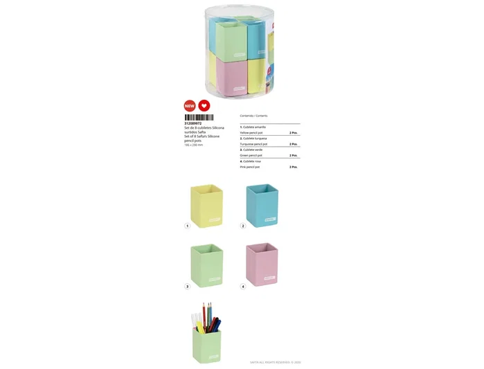 Safta Bolso escolar portatodo cuadrado de silicona, cubilete expositor de 8 unidades 195x230 mm, Estuche