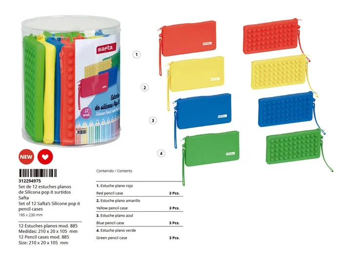 Safta Set de 12 Estuches Portatodo Planos Pop It de Silicona, Modelos Surtidos