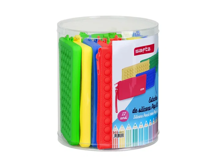 Safta Set de 12 Estuches Portatodo Planos Pop It de Silicona, Modelos Surtidos
