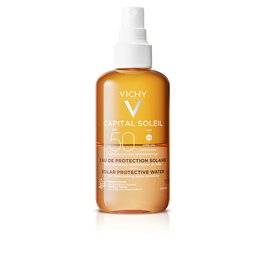 Vichy Capital Soleil Agua Luminosidad Protección Solar Alto Espectro SPF50 200 ml - Fórmula con Betacarotenos, Textura Acuosa Ultraligera, Resistente Agua