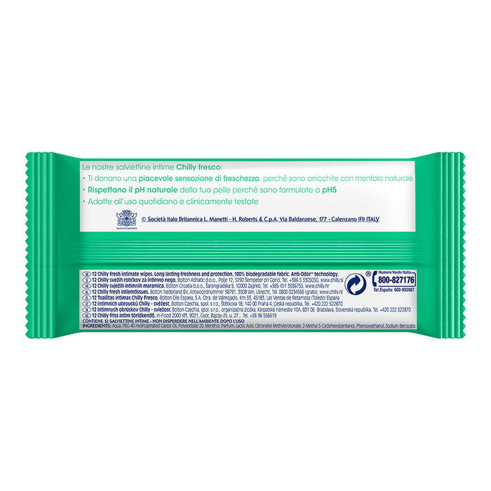 Chilly FRESH Toallitas Íntimas Refrescantes con Mentol Natural, Higiene Óptima y Biodegradables, 12 Unidades