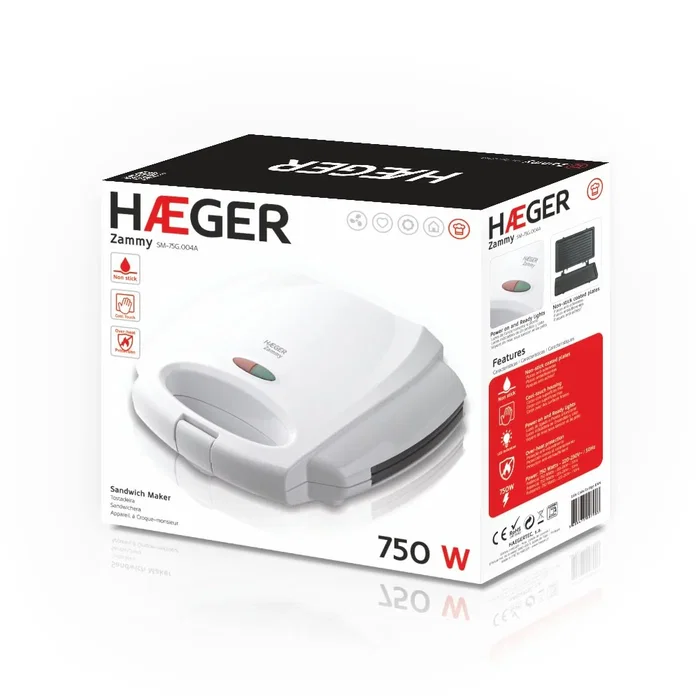 Haeger Sandwichera 750W con Placas Antiadherentes, Tapa con Bloqueo, Protección contra Sobrecarga y Apagado Automático - Blanco Haeger Sandwichera 750W con Placas Antiadherentes, Tapa con Bloqueo, Protección contra Sobrecarga y Apagado Automático - Blanco
