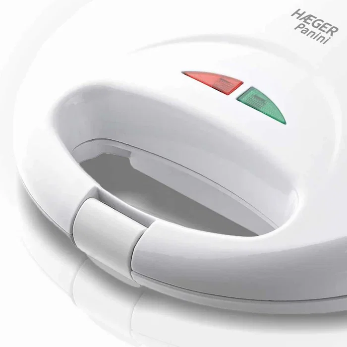 Haeger SM-75G.007A Sandwichera y Plancha 750 W, con Luz Indicadora, Placas Antiadherentes y Apagado Automático, Color Blanco
