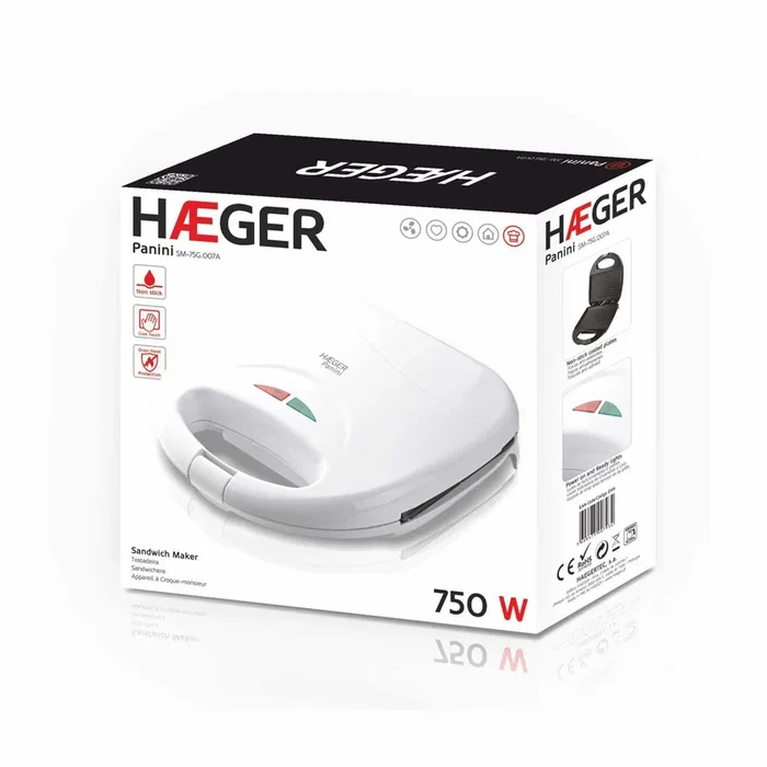 Haeger SM-75G.007A Sandwichera y Plancha 750 W, con Luz Indicadora, Placas Antiadherentes y Apagado Automático, Color Blanco