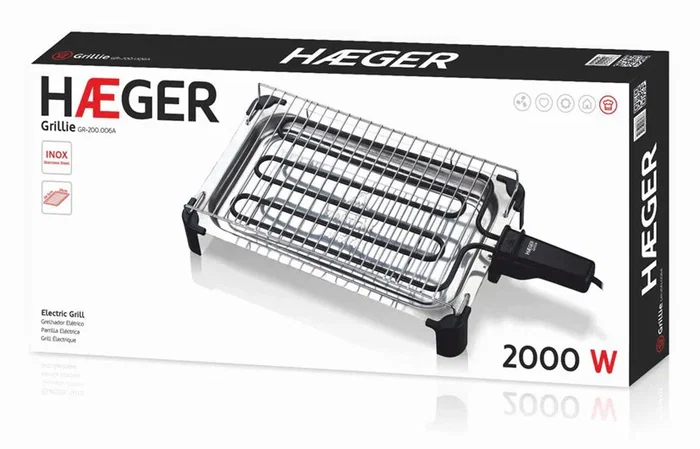 Haeger Grillie Parrilla Eléctrica Independiente 2000 W Acero Inoxidable, 1 Zona de Cocción, Fácil de Limpiar