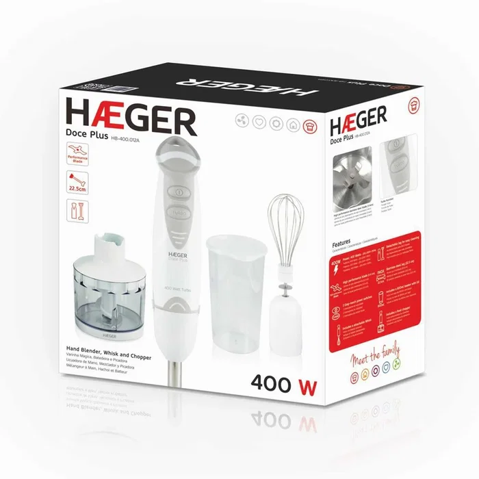 Haeger HB-400.012A Batidora de inmersión 400 W con picadora y vaso incluido, color gris y blanco