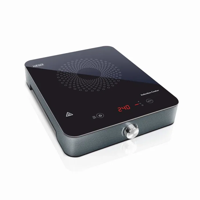 Haeger HP-IND.002A - Placa de Inducción de Encimera Portátil, 1 Zona, 2000W, 10 Niveles, Negro/Gris, Temporizador 180min, Control Táctil