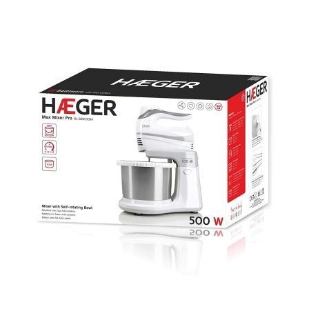 BATIDORA REPOSTERIA HAEGER MAX MIXER PRO 500W - 5 VELOCIDADES + TURBO - 2 VARILLAS BATIDORAS - 2 VARILLAS AMASADORAS - BOL ACERO INOX. 3L