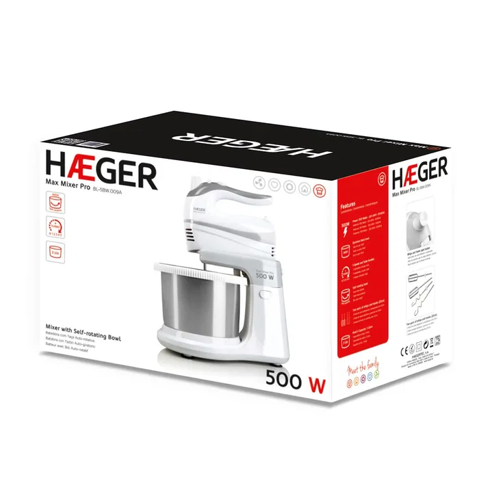 Haeger Batidora de Varillas BL-5BW.009A 500W, 5 Velocidades + Turbo, Color Blanco, con Bol de Acero Inoxidable 3L, 2 Varillas Batidoras y 2 Ganchos para Amasar