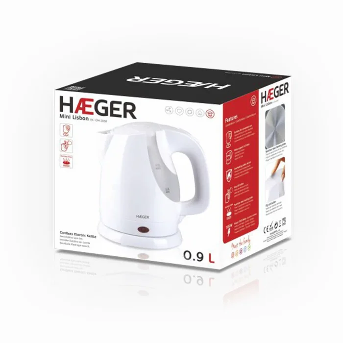 Haeger EK-13W.006B Tetera Eléctrica 0.9L 1300W Blanca, Sin Cables, Base 360°, Apagado Automático, Filtro Antical, Indicador de Agua, Protección Sobrecarga