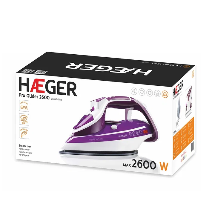 Haeger Pro Glider 2600 Plancha Vapor-Seco 2600 W Suela de Cerámica - Violeta, Blanco
