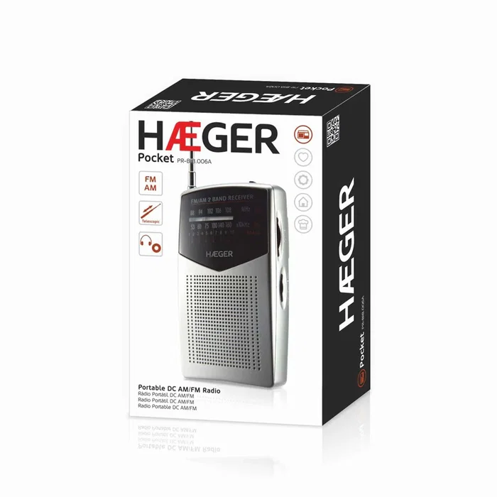 Haeger PR-BIB.006A - Radio Portátil Analógica AM/FM con Antena Telescópica, Salida para Auriculares y Alimentación por Pilas AA, Color Negro y Plata