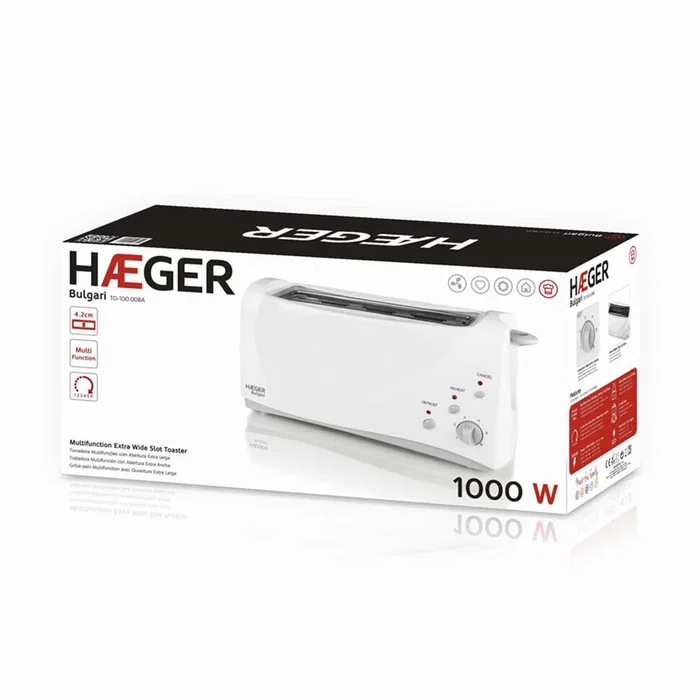 Hager Tostadora de Pan 1000W Blanca, 1 Ranura Extra Larga, 6 Niveles de Tostado, Función Recalentar y Descongelar, para 2 Rebanadas, Bandeja Extraíble, CE/RoHS