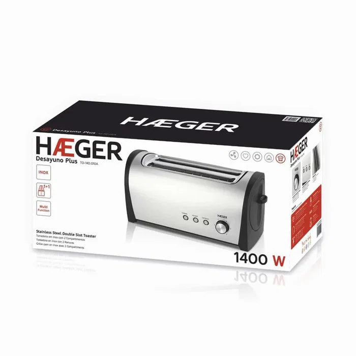 Haeger Tostador Desayuno Plus 1400W Negro y Acero Inoxidable, 2 Ranuras Largas, 6 Niveles de Tostado, Funciones Recalentar y Descongelar, Bandeja Extraíble