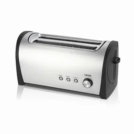Haeger Tostador Desayuno Plus 1400W Negro y Acero Inoxidable, 2 Ranuras Largas, 6 Niveles de Tostado, Funciones Recalentar y Descongelar, Bandeja Extraíble