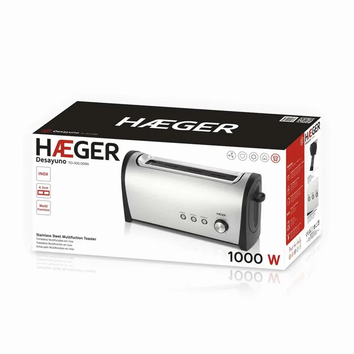 Tostador Haeger Desayuno 6 para 2 rebanadas, 1000W, ranura larga, 6 niveles de tostado, función recalentar y descongelar, bandeja extraíble, acero inoxidable y negro