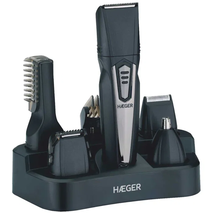 Haeger Máquina Cortapelos 5 en 1 Recargable e Inalámbrica, Negro y Plata, con Estación de Carga y Accesorios para Corte Capilar, Corporal y Facial