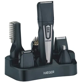 Haeger Máquina Cortapelos 5 en 1 Recargable e Inalámbrica, Negro y Plata, con Estación de Carga y Accesorios para Corte Capilar, Corporal y Facial