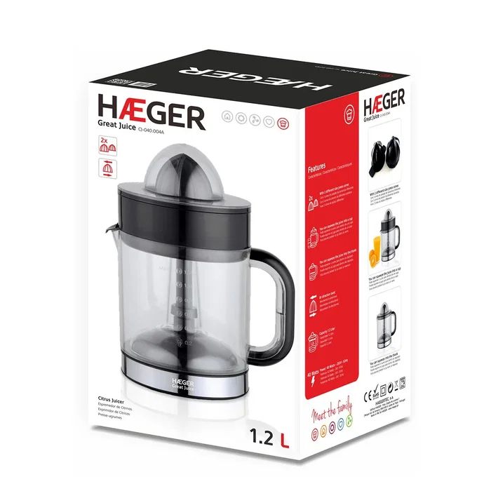 Haeger Exprimidor Licuadora Centrífuga Negro CJ-040.004A, 40 W, 1.2 L, Voltaje 230 V