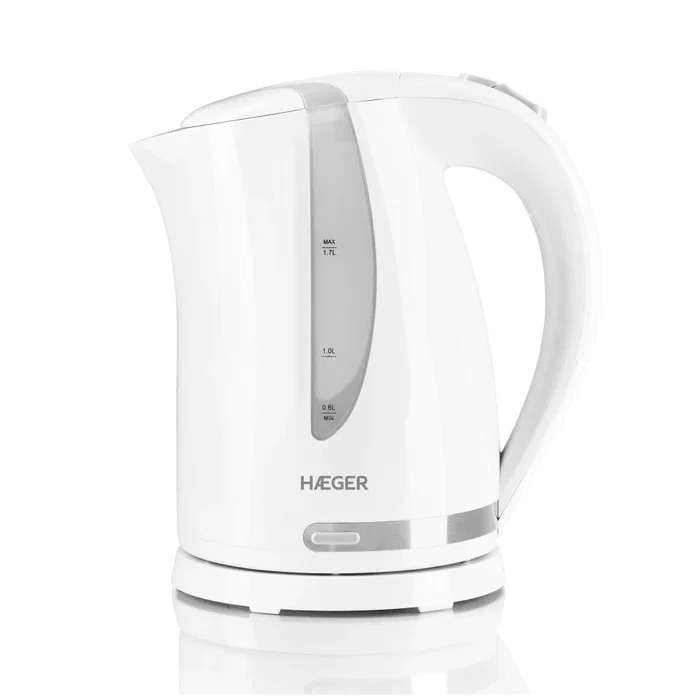 Haeger EK-22W.022A Hervidor Eléctrico 1.7 Litros 2200W Blanco - Tetera Eléctrica con Base 360°, Apagado Automático y Protección contra Sobrecarga