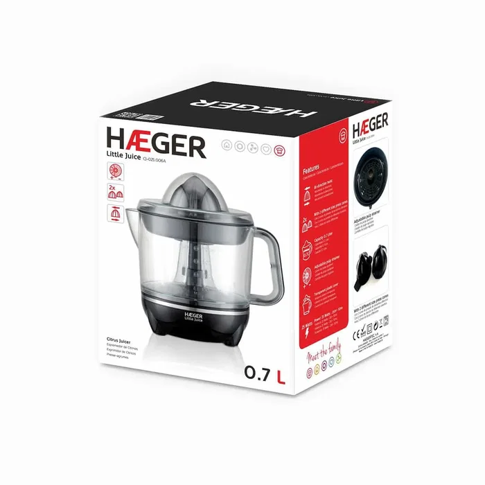 Marca Haeger, Modelo CJ-025.006A, Licuadora centrífuga exprimidor, Negro, 0.7 L, 25 W