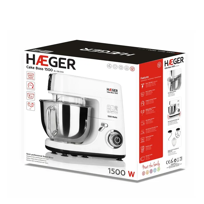 Haeger BL-15B.012A Batidora Amasadora Planetaria 1500W, 6 Velocidades, Tazón Acero Inoxidable 6L, Color Blanco