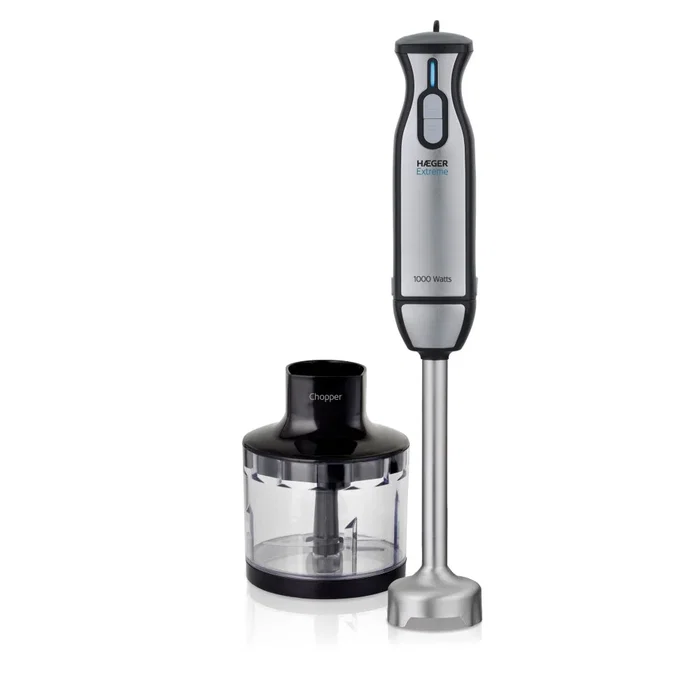 Haeger HB-10C.019A Batidora de Inmersión 1000W con Picadora - 2 Velocidades, Turbo, Eje de Acero Inoxidable y Cuchillas de Titanio - Negro, Acero Inoxidable, Transparente