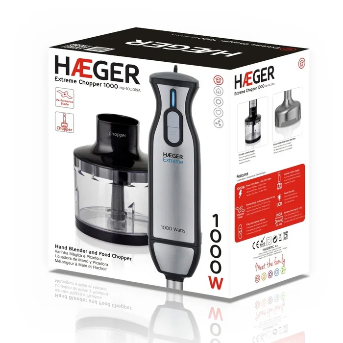 Haeger HB-10C.019A Batidora de Inmersión 1000W con Picadora - 2 Velocidades, Turbo, Eje de Acero Inoxidable y Cuchillas de Titanio - Negro, Acero Inoxidable, Transparente