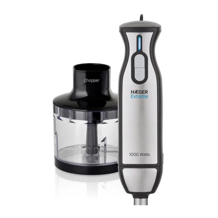 Haeger HB-10C.019A Batidora de Inmersión 1000W con Picadora - 2 Velocidades, Turbo, Eje de Acero Inoxidable y Cuchillas de Titanio - Negro, Acero Inoxidable, Transparente