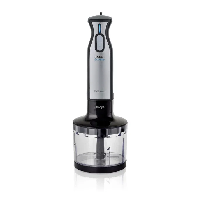 Haeger HB-10C.019A Batidora de Inmersión 1000W con Picadora - 2 Velocidades, Turbo, Eje de Acero Inoxidable y Cuchillas de Titanio - Negro, Acero Inoxidable, Transparente