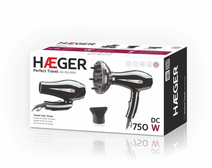 Haeger Perfect Travel Secador de Pelo de Viaje 750W Negro Plegable con Concentrador y Difusor