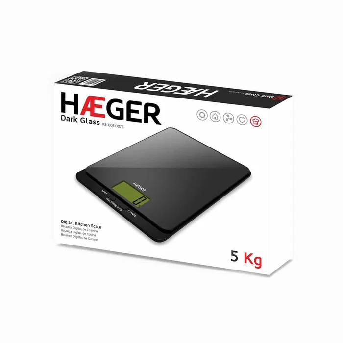 Haeger KS-005.007A Báscula Electrónica de Cocina, Capacidad 5 kg Precisión 1 g, Negro, Vidrio Templado, para Encimera