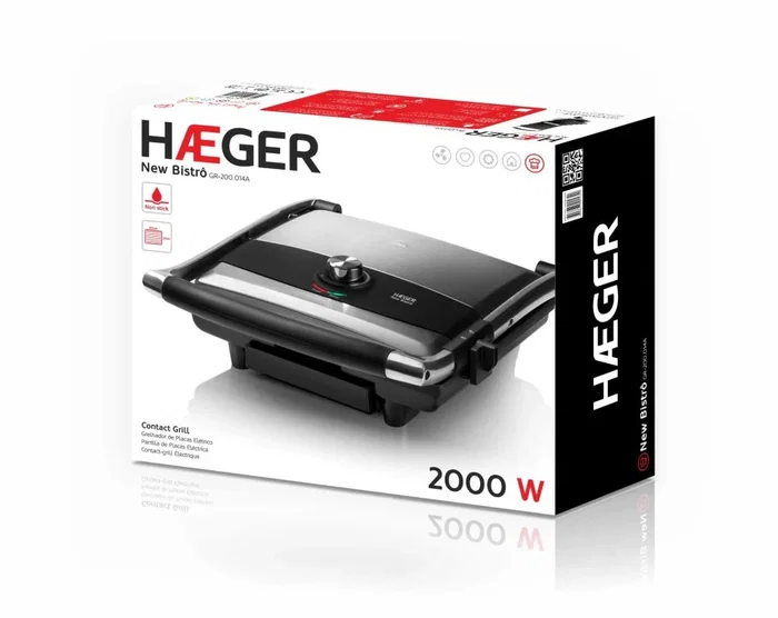 Haeger GR-200.014A Parrilla eléctrica de contacto - 2000W, 300x270 mm, Negro/Acero, capa antiadherente, termostato