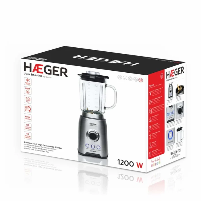 Haeger LQ-120.006A Batidora de Vaso 1.75L 1200W Negro/Acero/Transparente - Licuadora con Picahielos, Función Impulso, 3 Velocidades y Cuchillas Titanio