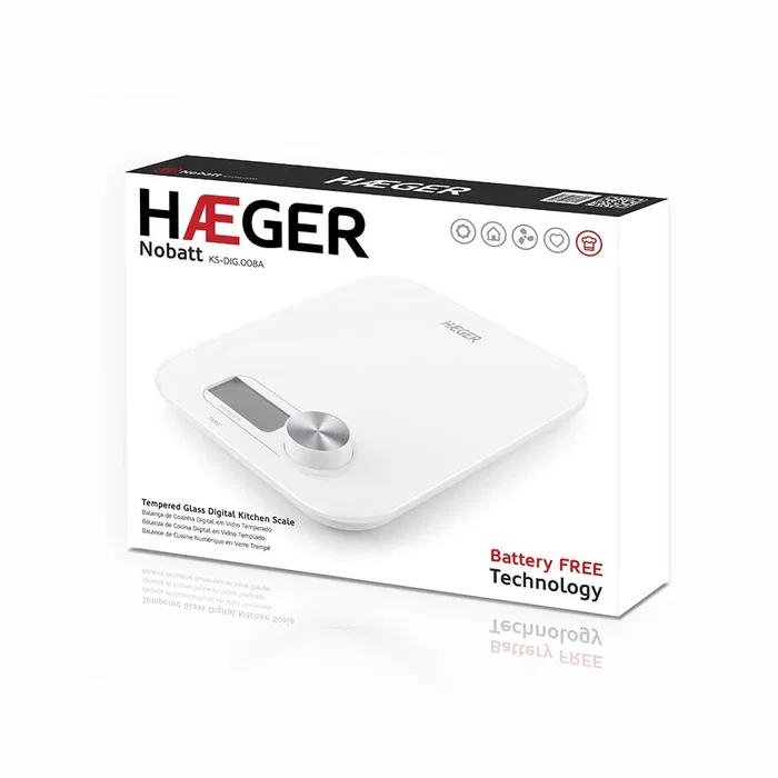 Haeger KS-DIG.008A Báscula Electrónica de Cocina Digital, 5 kg Capacidad, Precisión 1 g, Blanco, Forma Plaza, con Tara y Apagado Automático