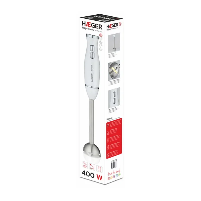 Haeger Batidora de Inmersión HB-400.021A 400 W 2 Velocidades, Acero Inoxidable y Titanio, Color Plata y Blanco