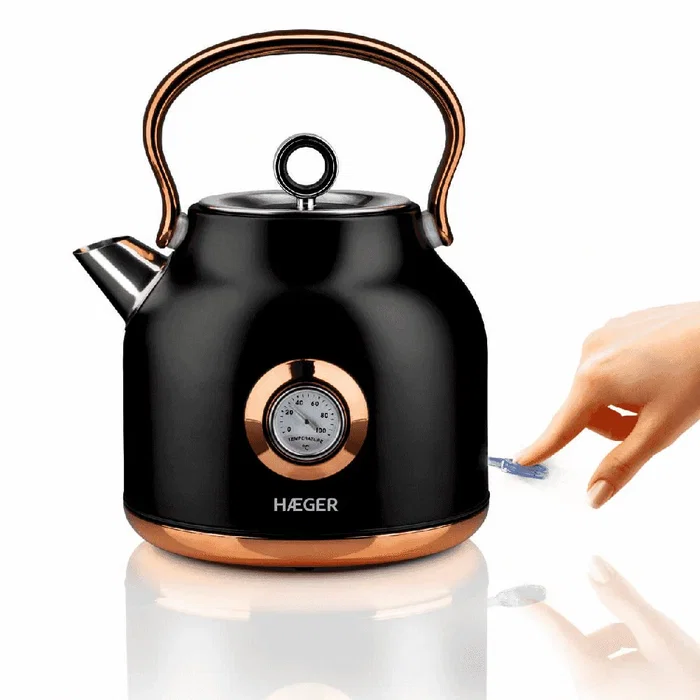 Haeger EK-22B.024A Tetera Eléctrica 1,7 L 2200 W Negro Oro - Hervidor de Agua sin Cables con Base Giratoria 360° y Apagado Automático