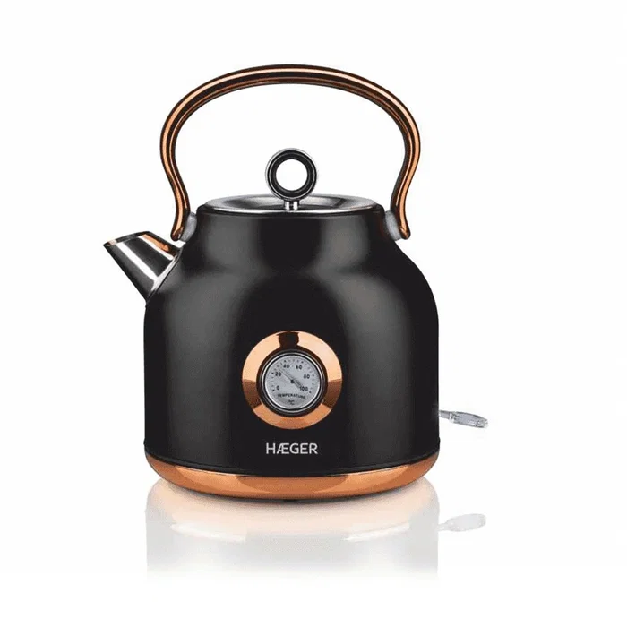 Haeger EK-22B.024A Tetera Eléctrica 1,7 L 2200 W Negro Oro - Hervidor de Agua sin Cables con Base Giratoria 360° y Apagado Automático