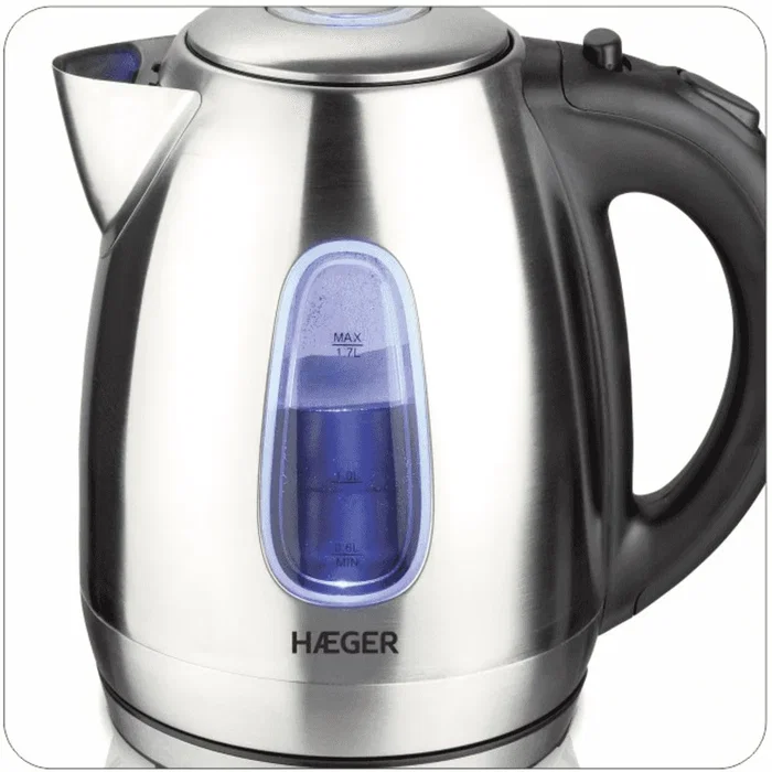 Haeger Tetera Eléctrica EK-22S.027A 1.7 L 2200 W Negro Acero Inoxidable con Filtro Antical, Apagado Automático y Base 360°