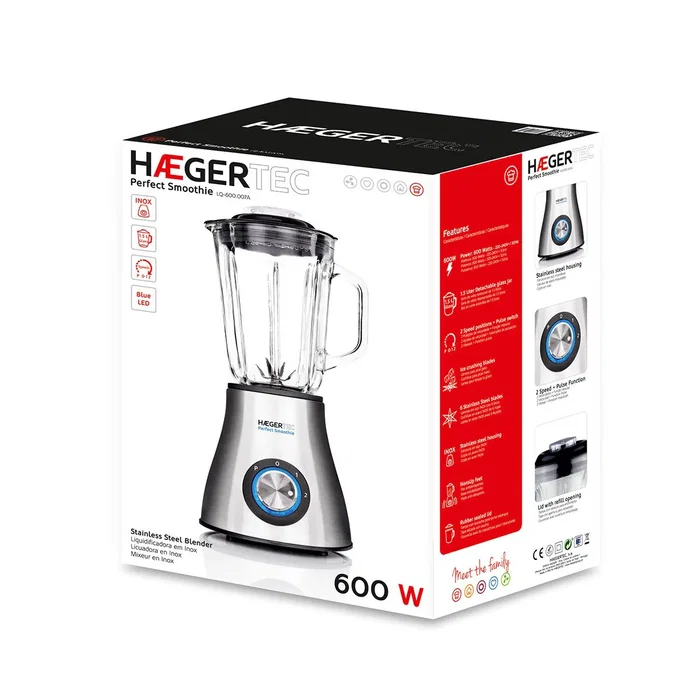 Haeger LQ-600.007A Batidora de vaso 1.5L 600W, 2 velocidades con función picahielos, color Negro, Acero inoxidable y Transparente