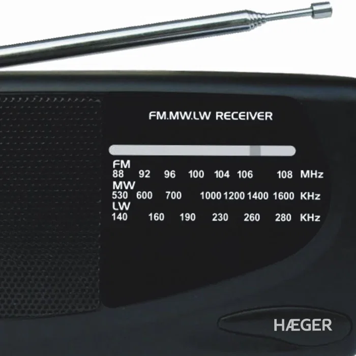 Haeger PR-TRI.002A Radio Portátil AM/FM/LW/MW, Banda FM 88-108 MHz, AM 530-1600, LW 140-280 kHz, Negro, Con Altavoces y Salida para Auriculares 3.5 mm