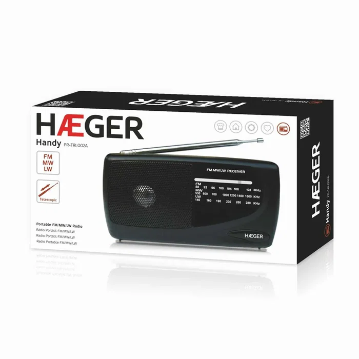 Haeger PR-TRI.002A Radio Portátil AM/FM/LW/MW, Banda FM 88-108 MHz, AM 530-1600, LW 140-280 kHz, Negro, Con Altavoces y Salida para Auriculares 3.5 mm