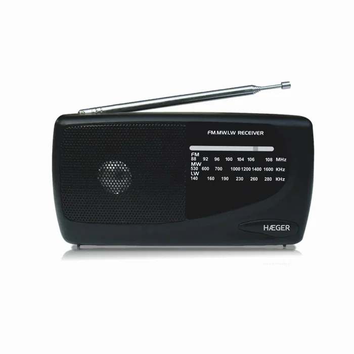 Haeger PR-TRI.002A Radio Portátil AM/FM/LW/MW, Banda FM 88-108 MHz, AM 530-1600, LW 140-280 kHz, Negro, Con Altavoces y Salida para Auriculares 3.5 mm