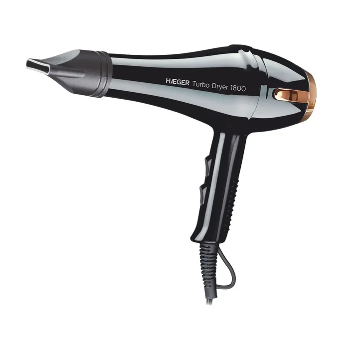 Haeger TURBO DRYER Secador de Pelo Profesional 1800W, Negro y Oro, 220-240V, 2 Velocidades y 3 Ajustes de Calor, Con Boquilla Concentradora y Difusor