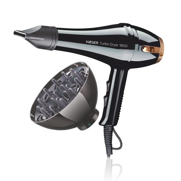 Haeger TURBO DRYER Secador de Pelo Profesional 1800W, Negro y Oro, 220-240V, 2 Velocidades y 3 Ajustes de Calor, Con Boquilla Concentradora y Difusor